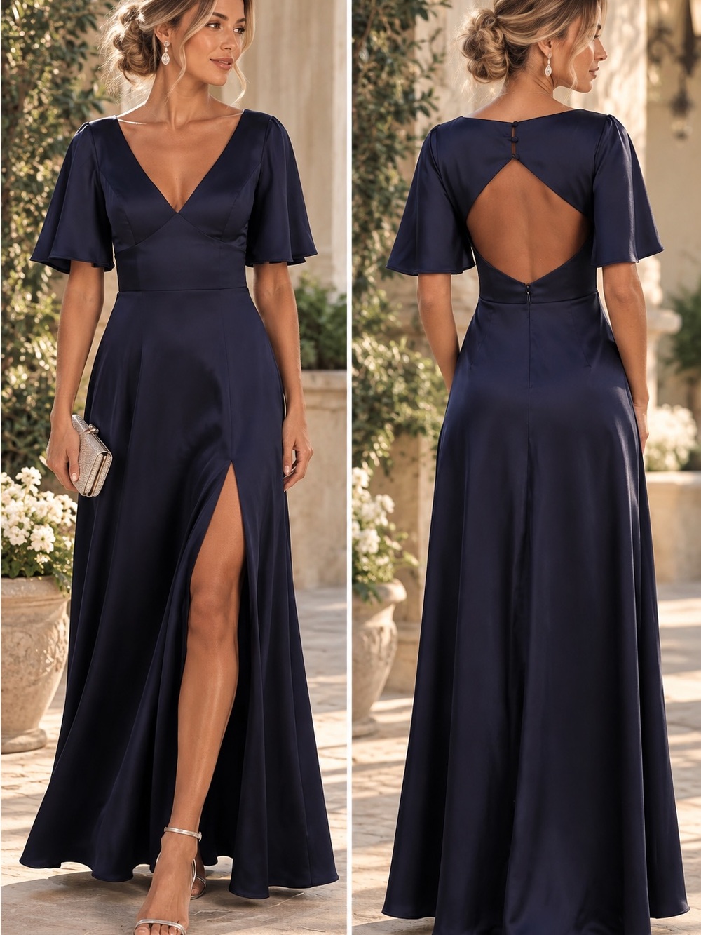 Lulus Elegant Confidence Navy Satin Flutter Sleeve Cutout Maxi Dress Size M NWOT